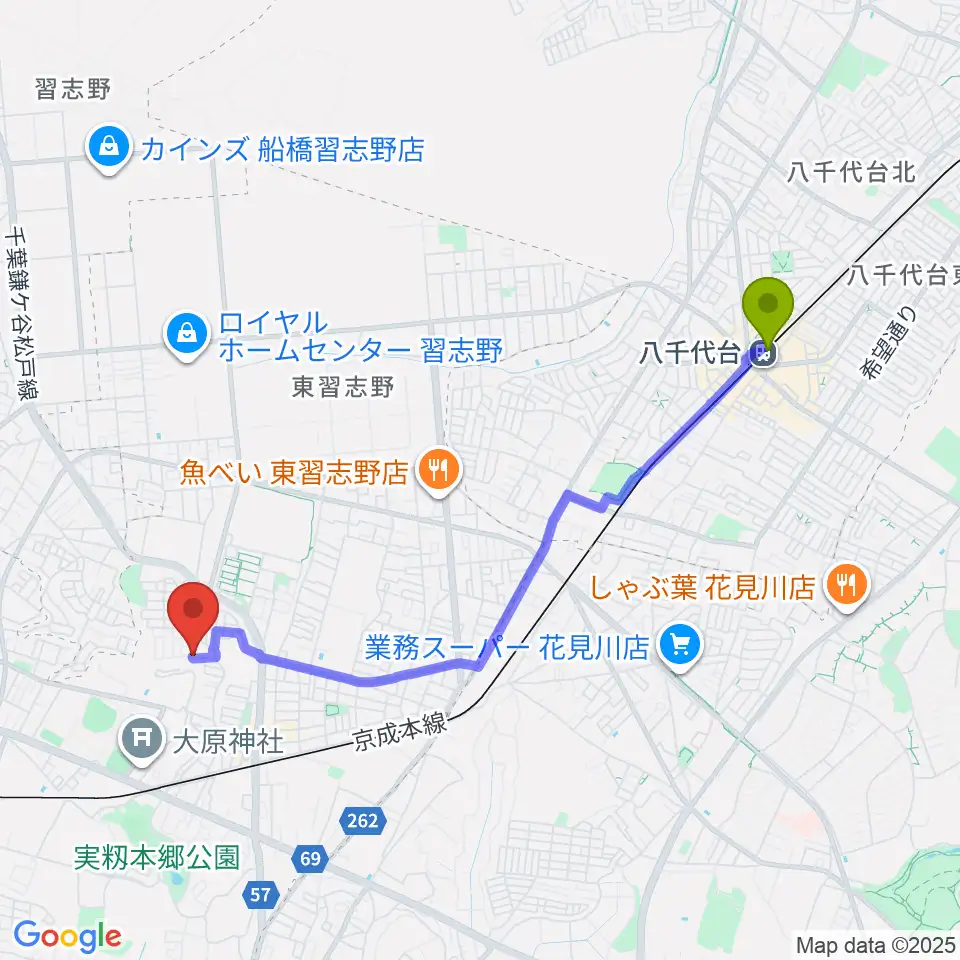 八千代台駅からギター1曲マスター教室へのルートマップ地図