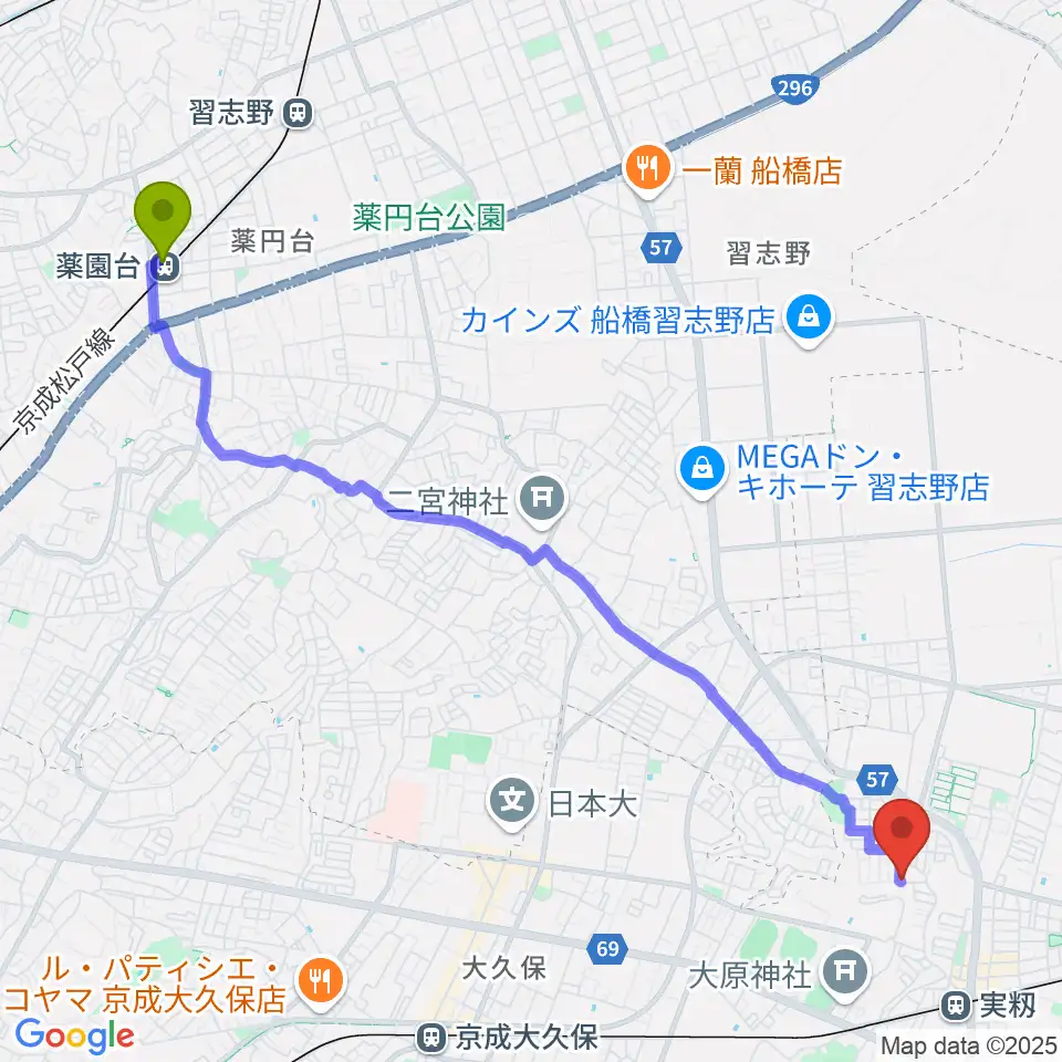 薬園台駅からギター1曲マスター教室へのルートマップ地図