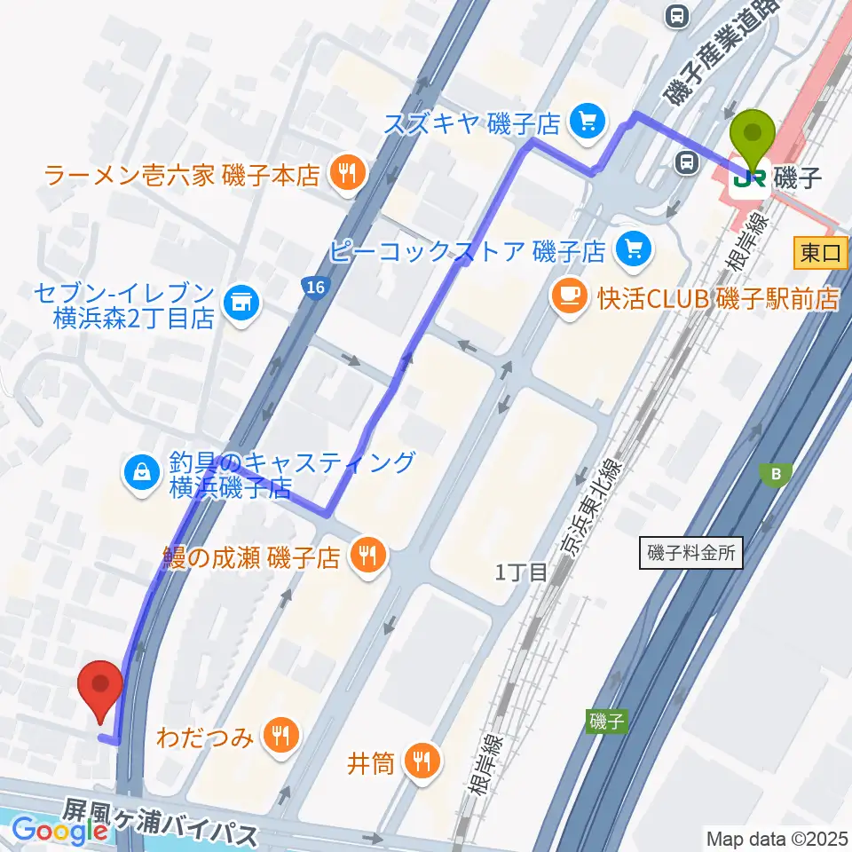 磯子駅から陳臻による二胡教室へのルートマップ地図