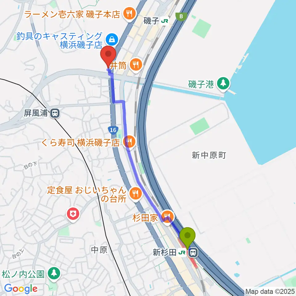 新杉田駅から陳臻による二胡教室へのルートマップ地図