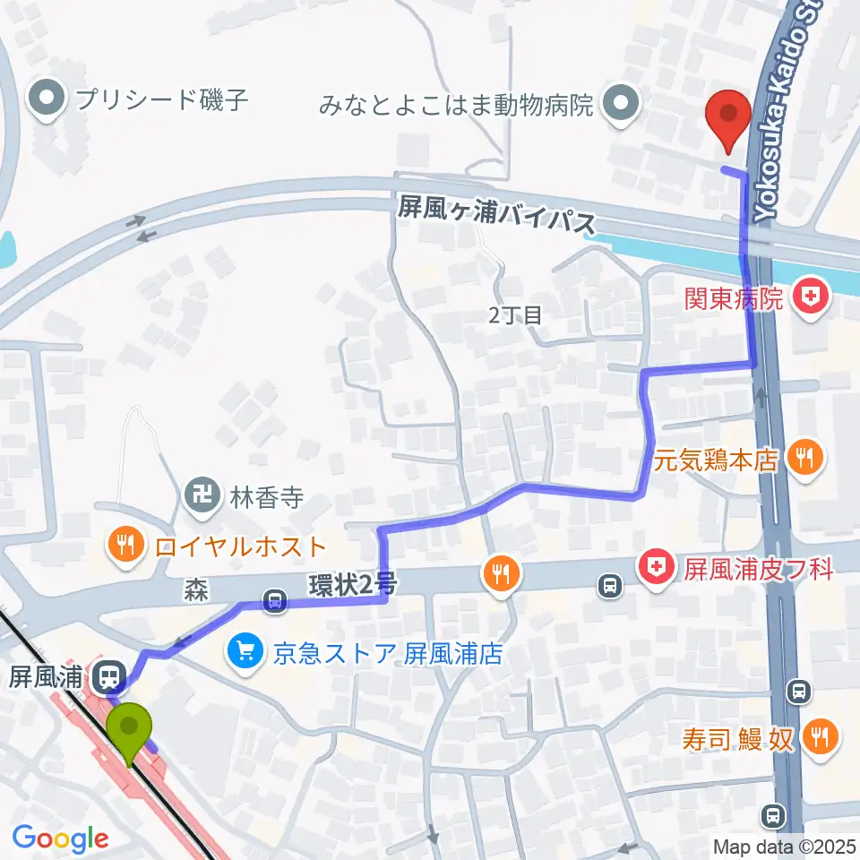 陳臻による二胡教室の最寄駅屏風浦駅からの徒歩ルート（約8分）地図