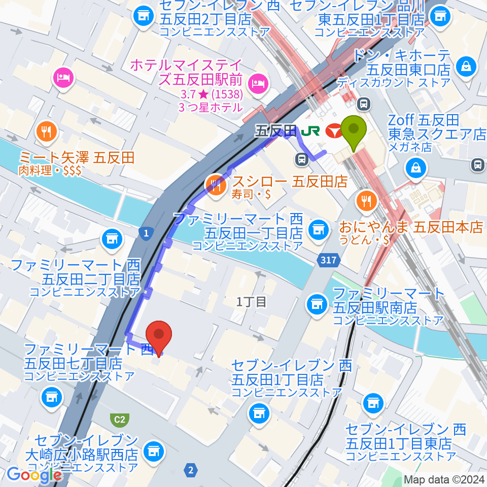 五反田駅からボーカル道場K's VOXへのルートマップ地図