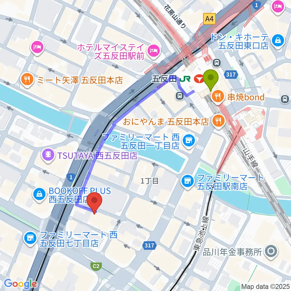 五反田駅からボーカル道場K's VOXへのルートマップ地図