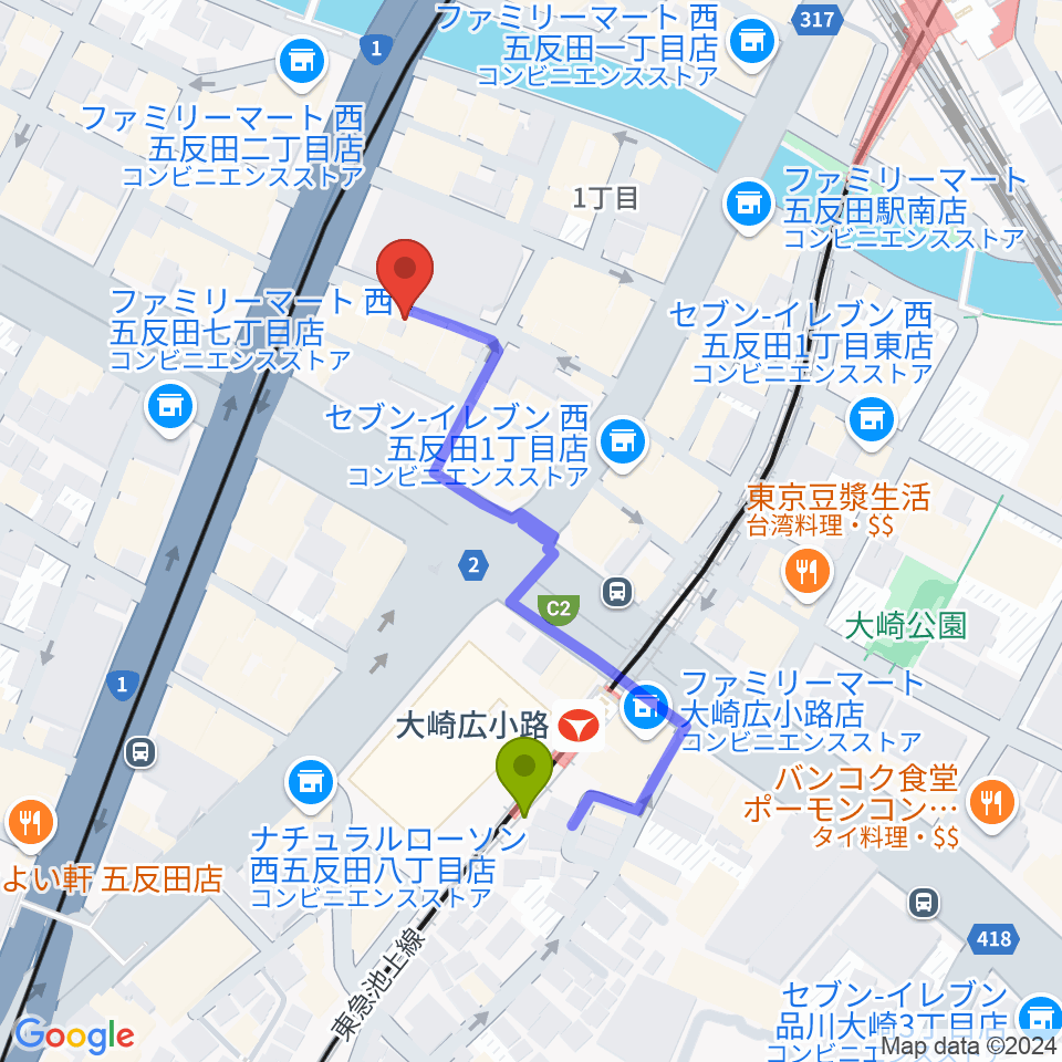 ボーカル道場K's VOXの最寄駅大崎広小路駅からの徒歩ルート（約4分）地図