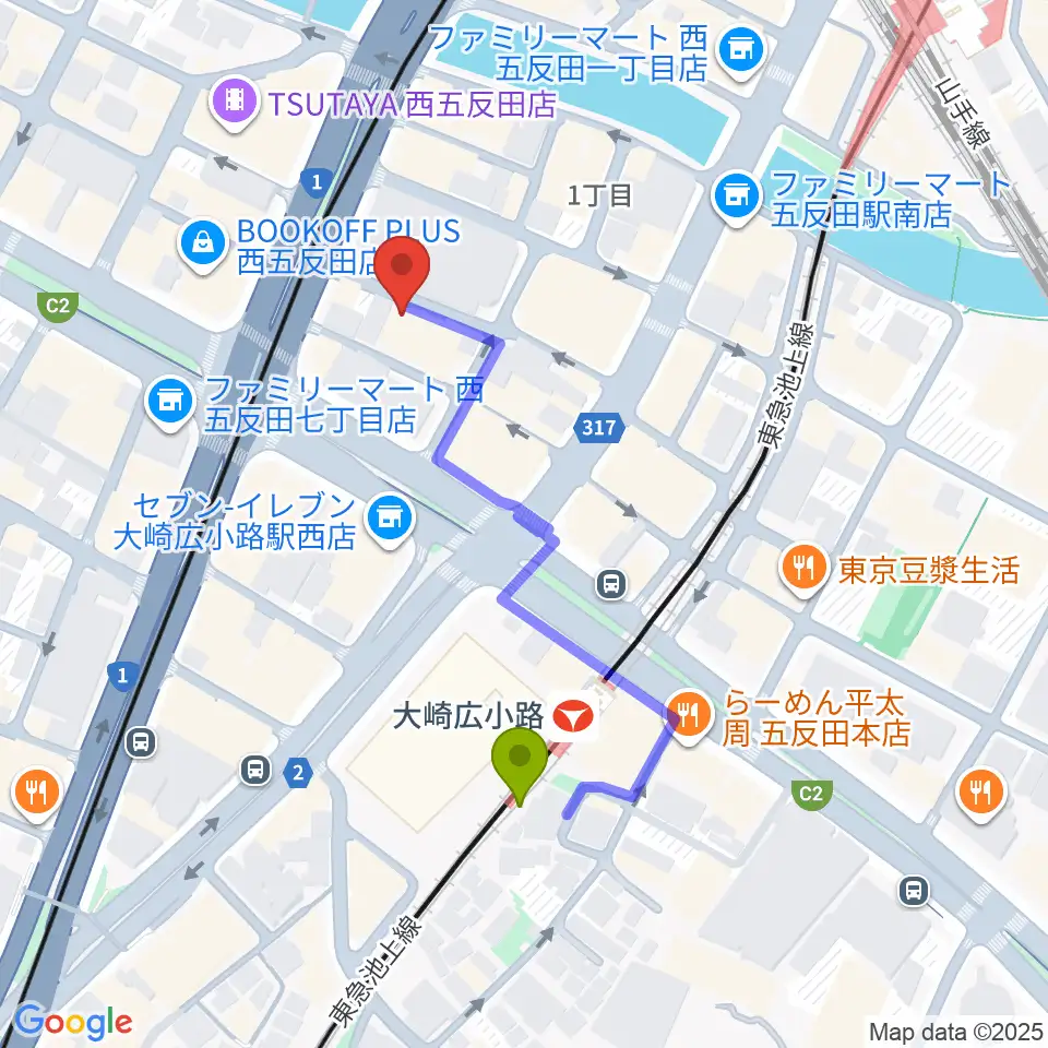 ボーカル道場K's VOXの最寄駅大崎広小路駅からの徒歩ルート（約4分）地図
