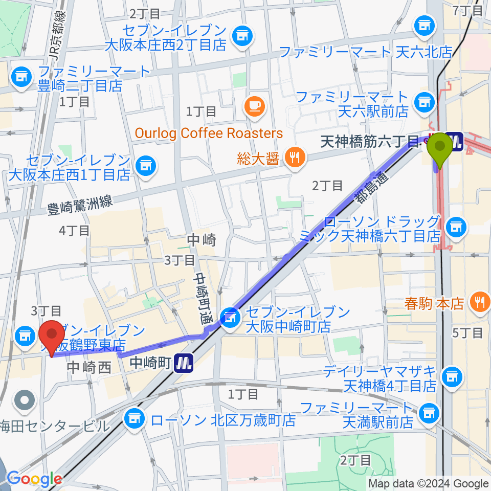 天神橋筋六丁目駅からESPギタークラフト・アカデミー大阪校へのルートマップ地図