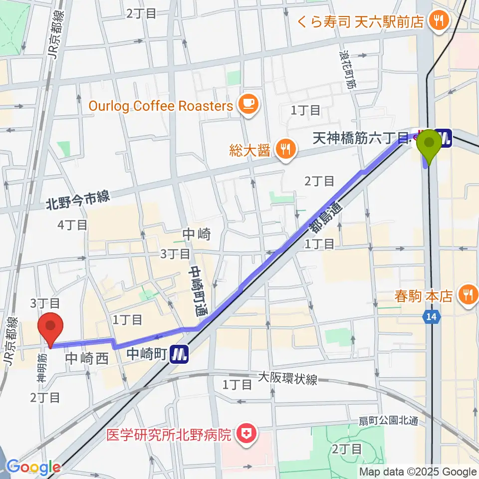 天神橋筋六丁目駅からESPギタークラフト・アカデミー大阪校へのルートマップ地図