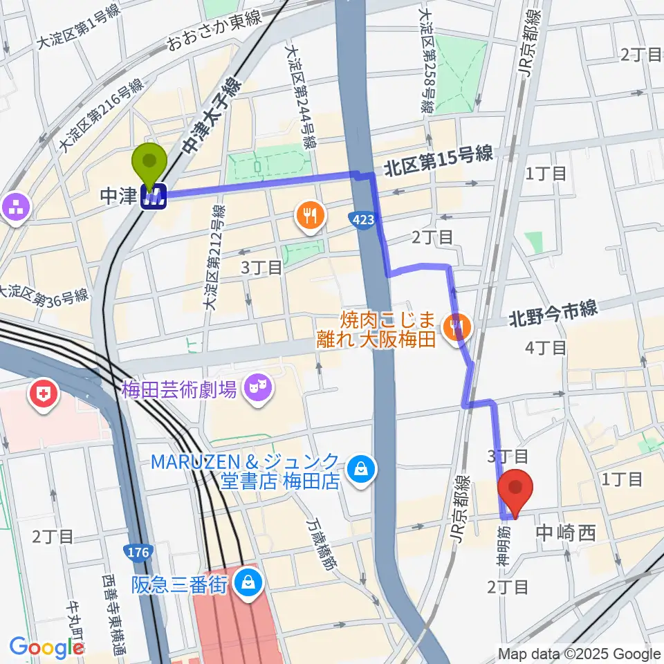 中津駅からESPギタークラフト・アカデミー大阪校へのルートマップ地図