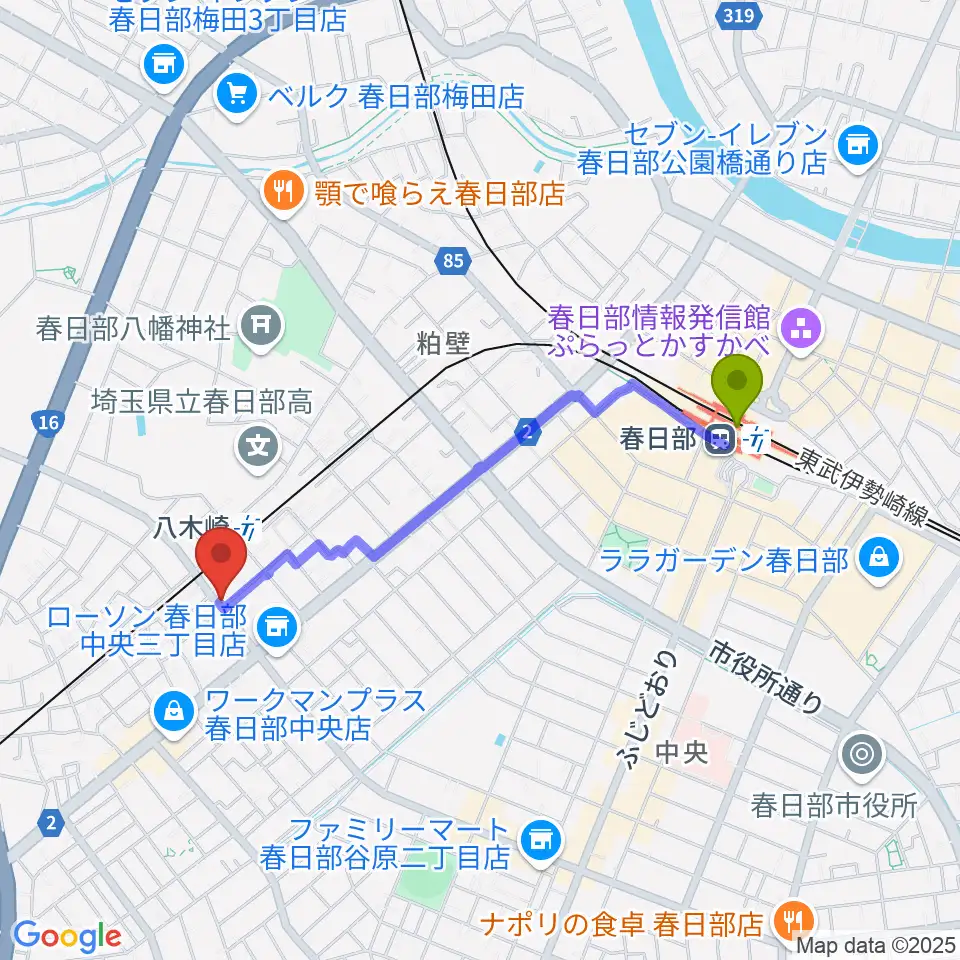 春日部駅からサキ・ミュージックへのルートマップ地図