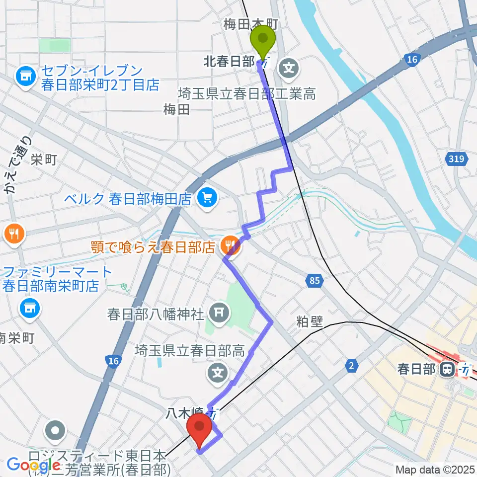 北春日部駅からサキ・ミュージックへのルートマップ地図