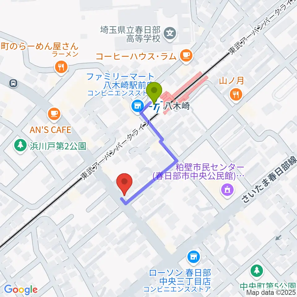 サキ・ミュージックの最寄駅八木崎駅からの徒歩ルート（約2分）地図