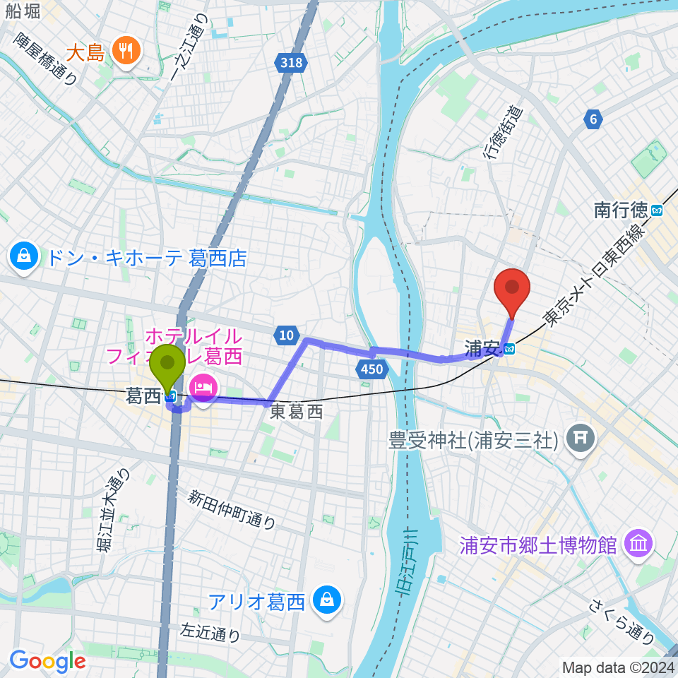 葛西駅からモア東京ボーカル教室 浦安駅校へのルートマップ地図