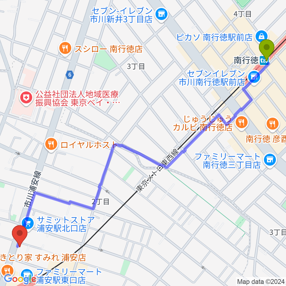 南行徳駅からモア東京ボーカル教室 浦安駅校へのルートマップ地図