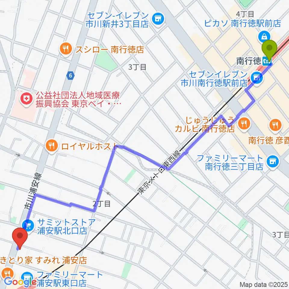 南行徳駅からモア東京ボーカル教室 浦安駅校へのルートマップ地図