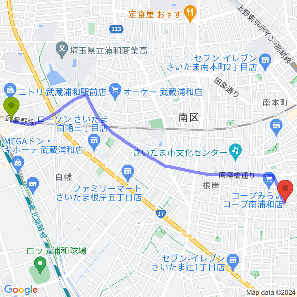 武蔵浦和駅から生田流正派 中川雅玲 琴・三味線教室へのルートマップ地図