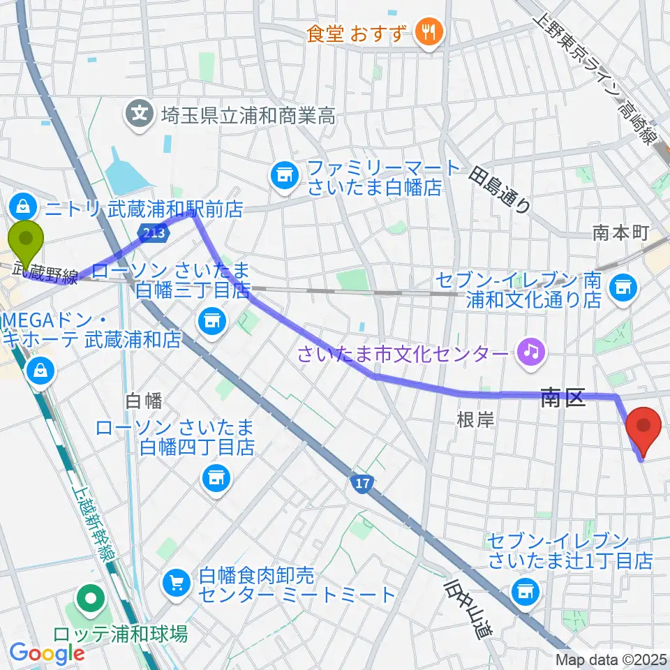武蔵浦和駅から生田流正派 中川雅玲 琴・三味線教室へのルートマップ地図