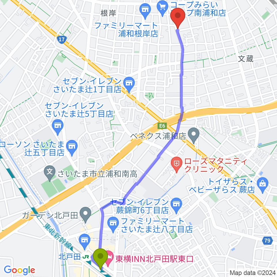 北戸田駅から生田流正派 中川雅玲 琴・三味線教室へのルートマップ地図
