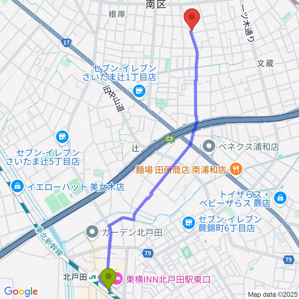 北戸田駅から生田流正派 中川雅玲 琴・三味線教室へのルートマップ地図