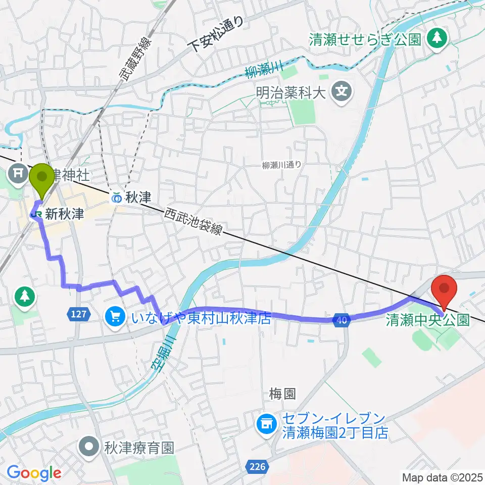 新秋津駅から三山貢正 津軽三味線・民謡教室へのルートマップ地図