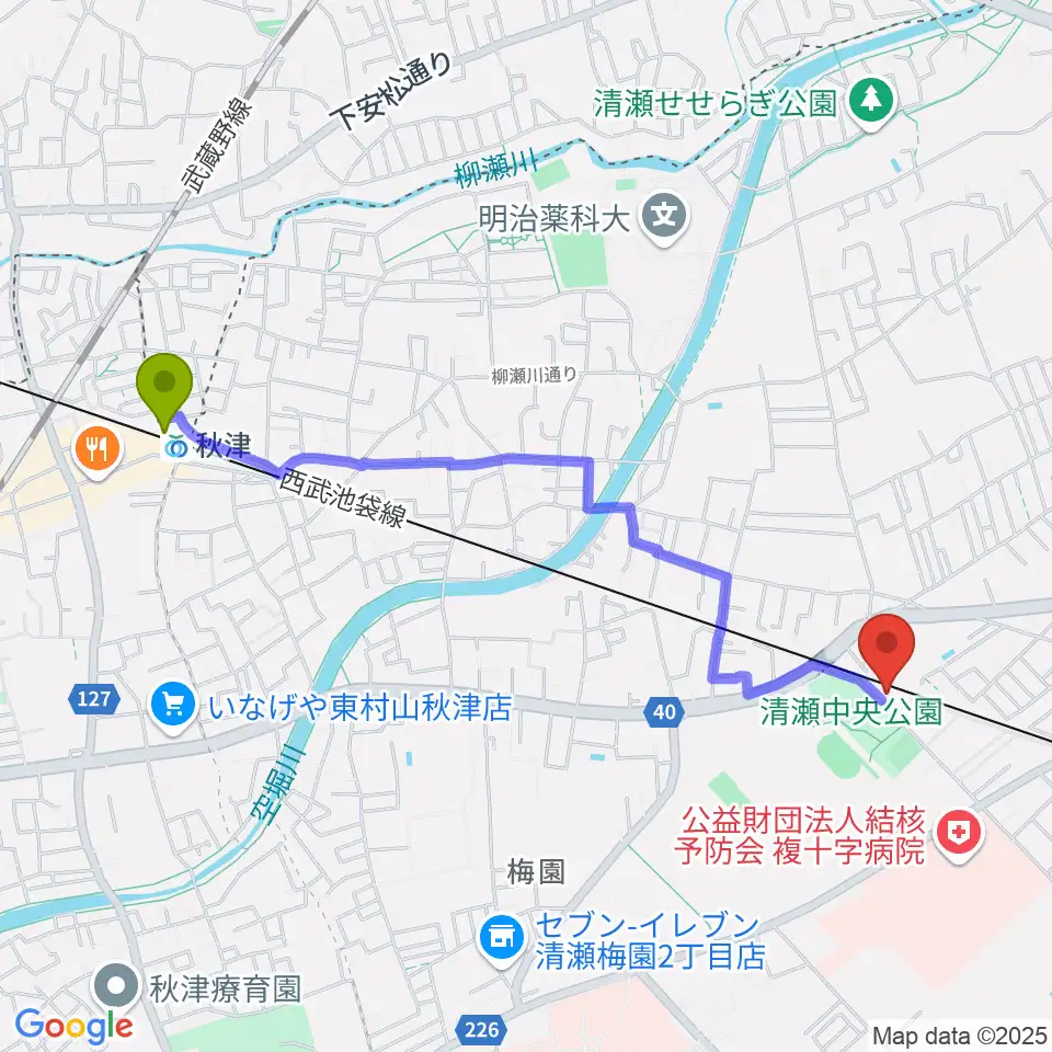 秋津駅から三山貢正 津軽三味線・民謡教室へのルートマップ地図