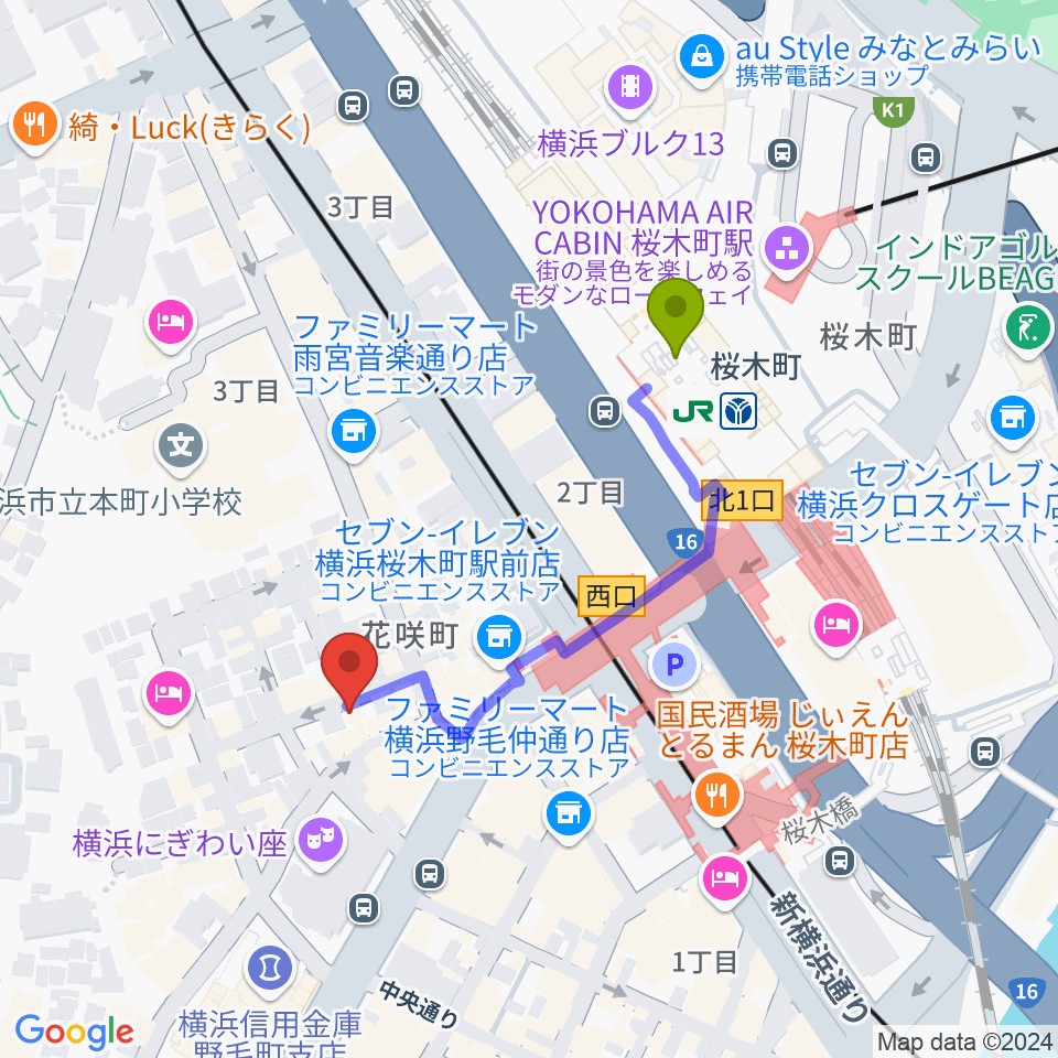 横浜ジャム音楽学院の最寄駅桜木町駅からの徒歩ルート（約4分）地図