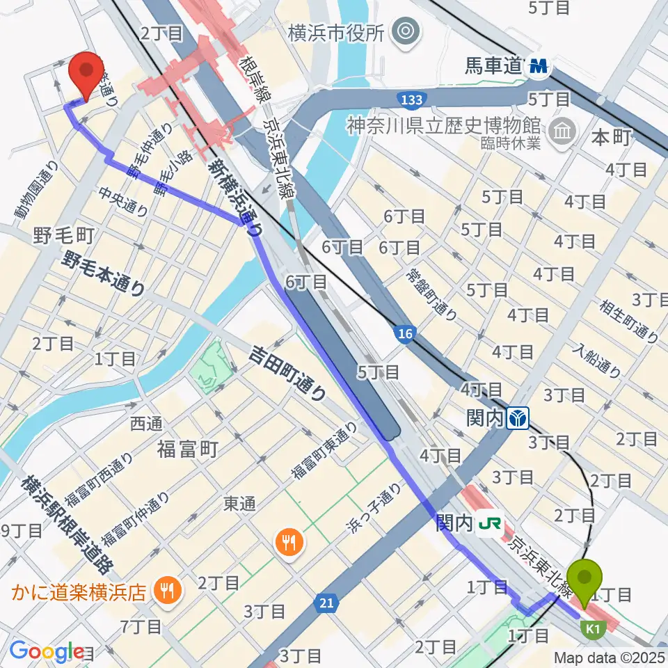 関内駅から横浜ジャム音楽学院へのルートマップ地図