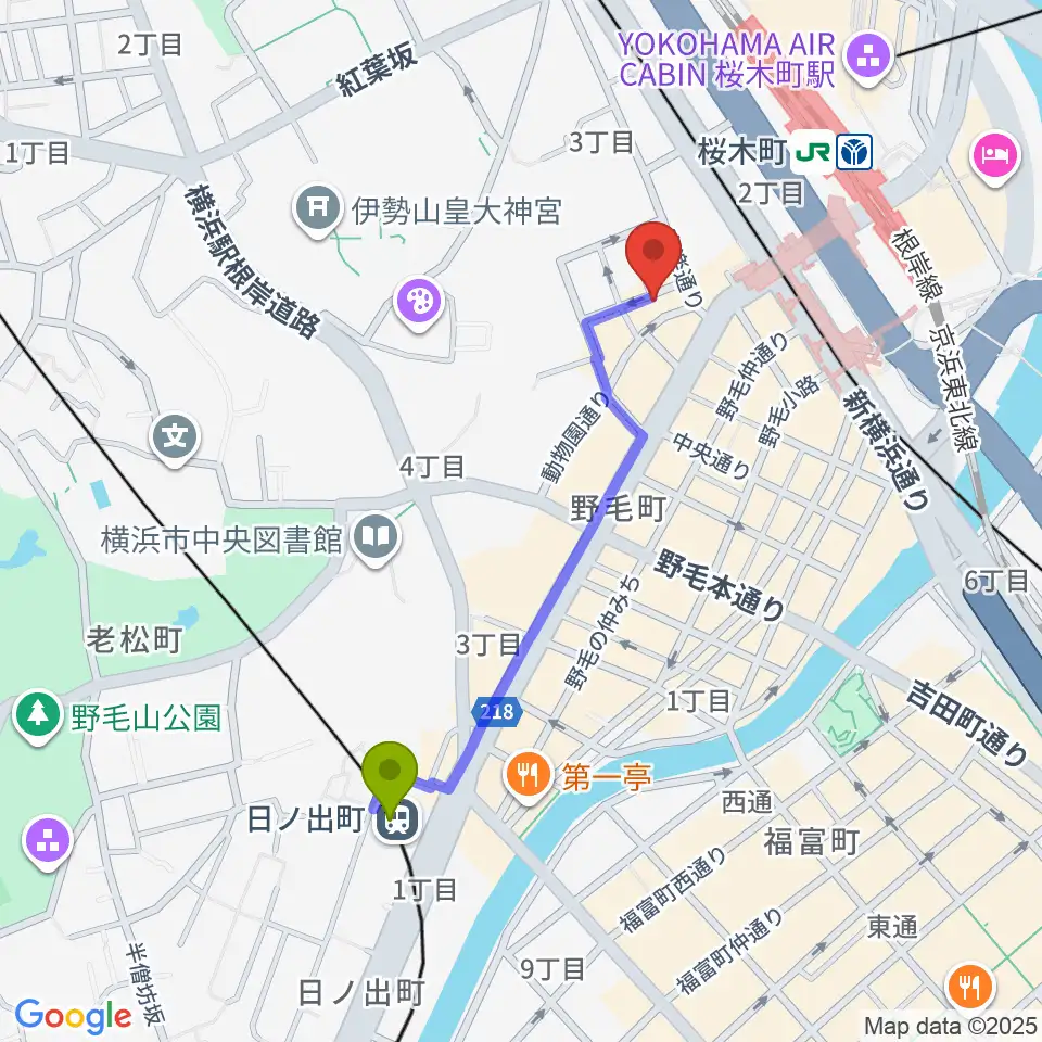 日ノ出町駅から横浜ジャム音楽学院へのルートマップ地図