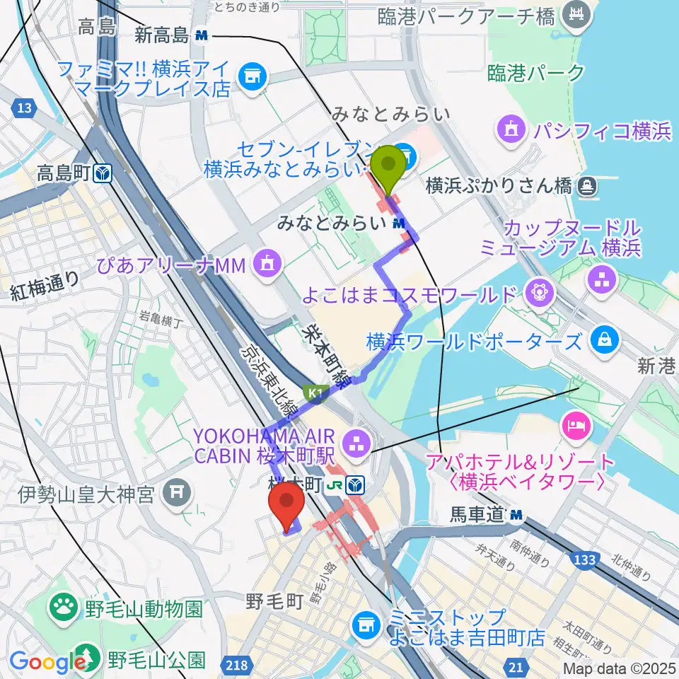 みなとみらい駅から横浜ジャム音楽学院へのルートマップ地図