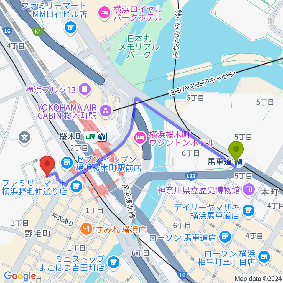 馬車道駅から横浜ジャム音楽学院へのルートマップ地図