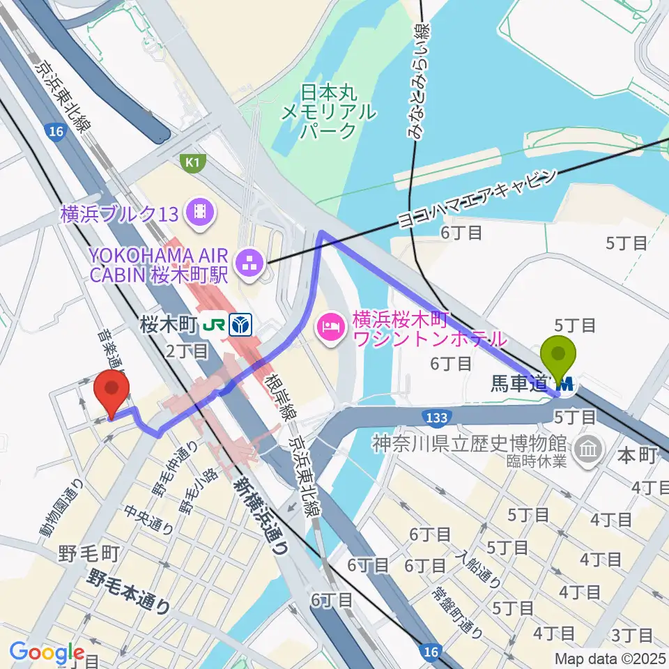馬車道駅から横浜ジャム音楽学院へのルートマップ地図