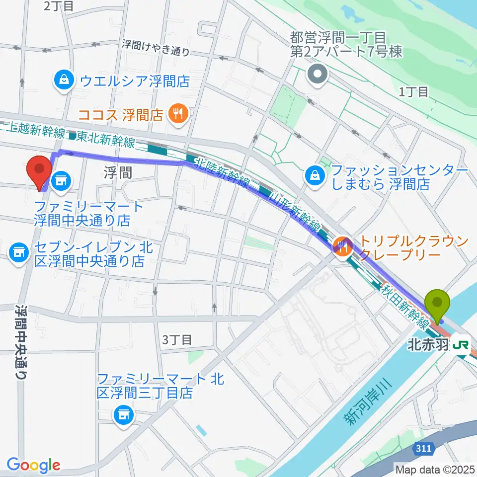 北赤羽駅からメロディー音楽教室へのルートマップ地図