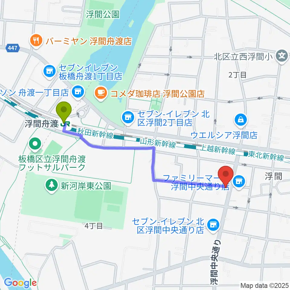 メロディー音楽教室の最寄駅浮間舟渡駅からの徒歩ルート（約9分）地図