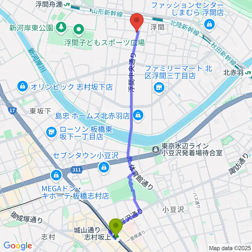 志村坂上駅からメロディー音楽教室へのルートマップ地図