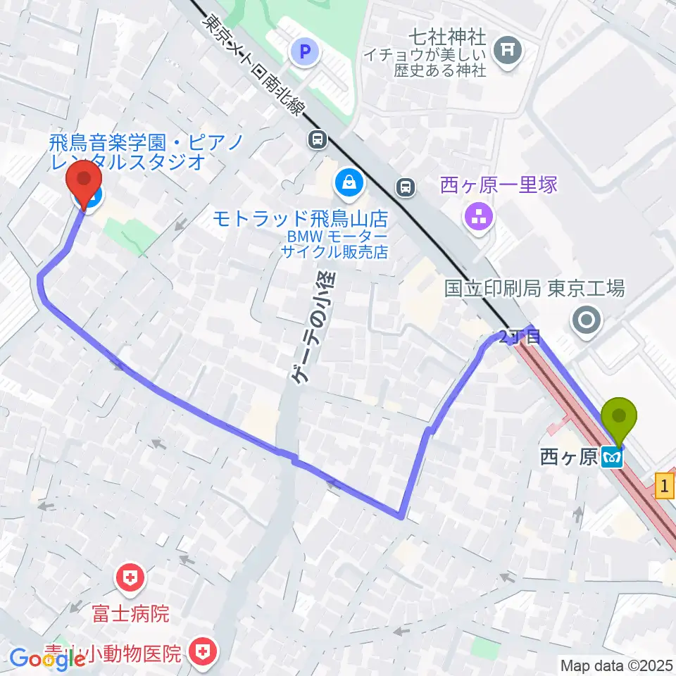 西ケ原駅から飛鳥音楽学園へのルートマップ地図