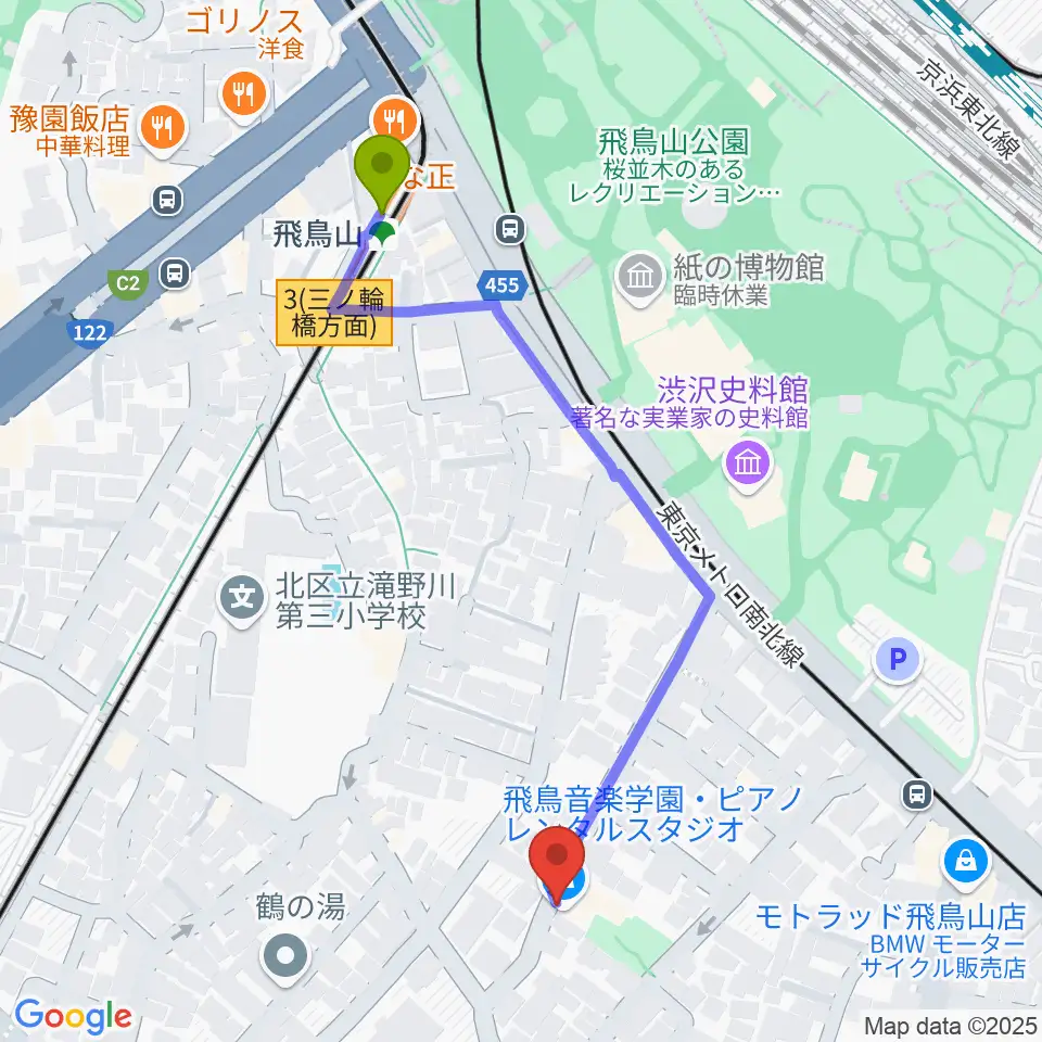 飛鳥山駅から飛鳥音楽学園へのルートマップ地図