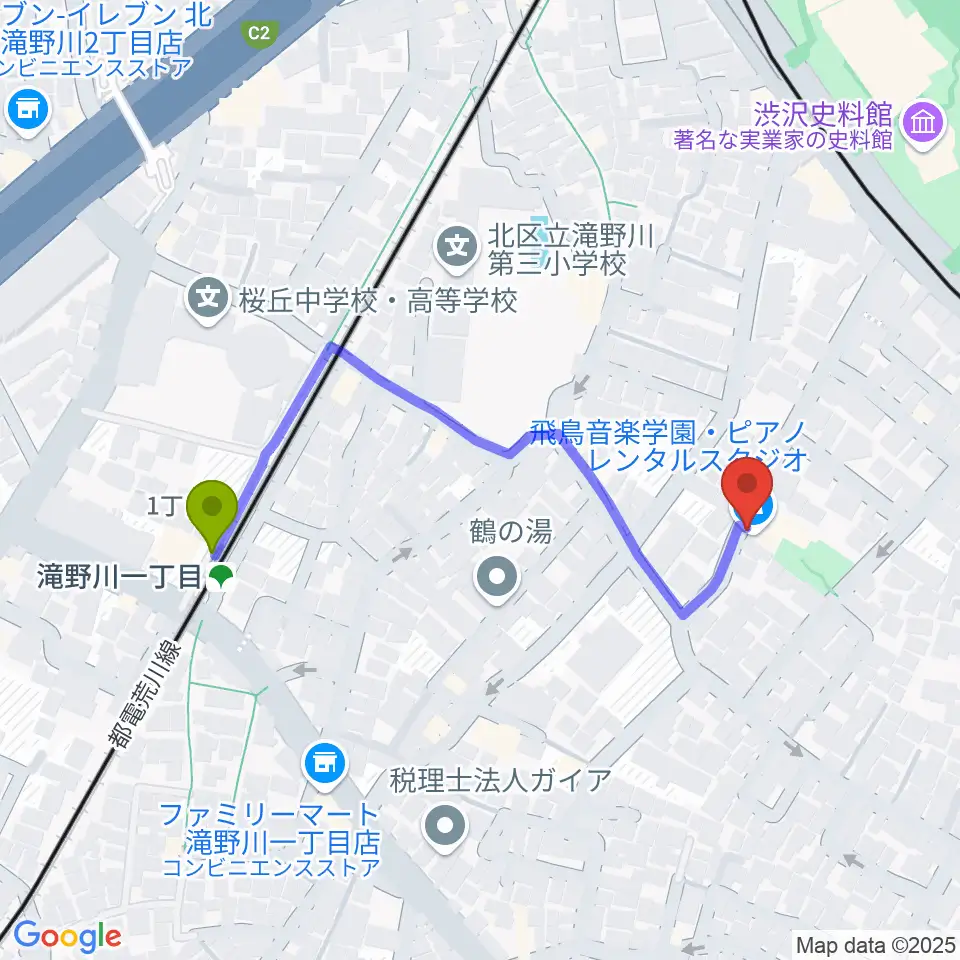 飛鳥音楽学園の最寄駅滝野川一丁目駅からの徒歩ルート（約4分）地図