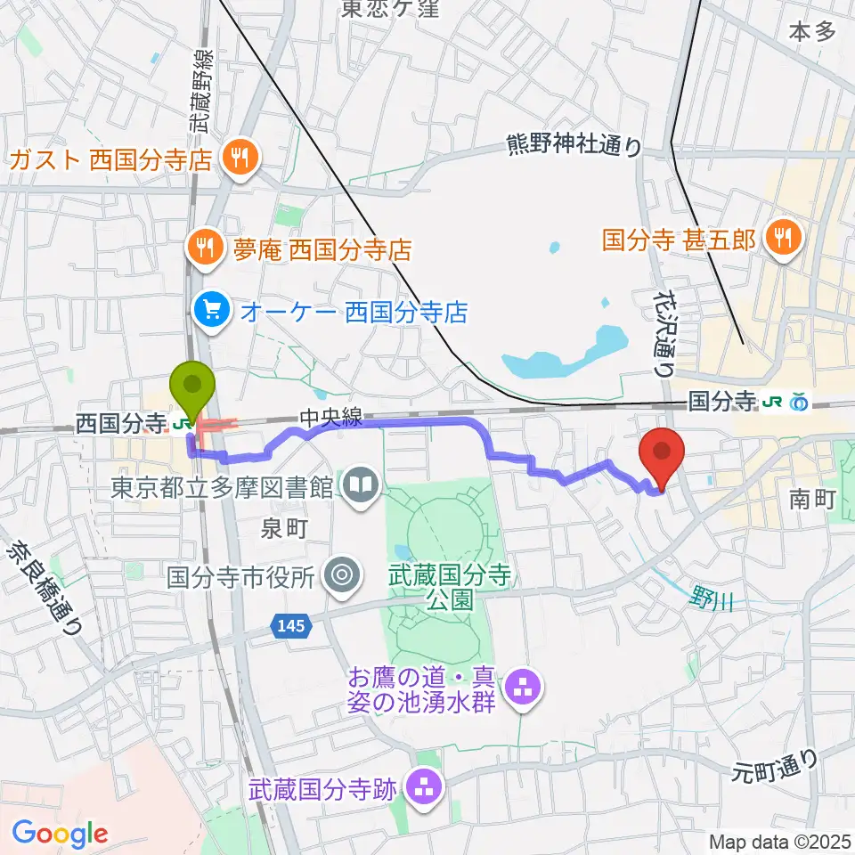 西国分寺駅からカルド音楽教室へのルートマップ地図