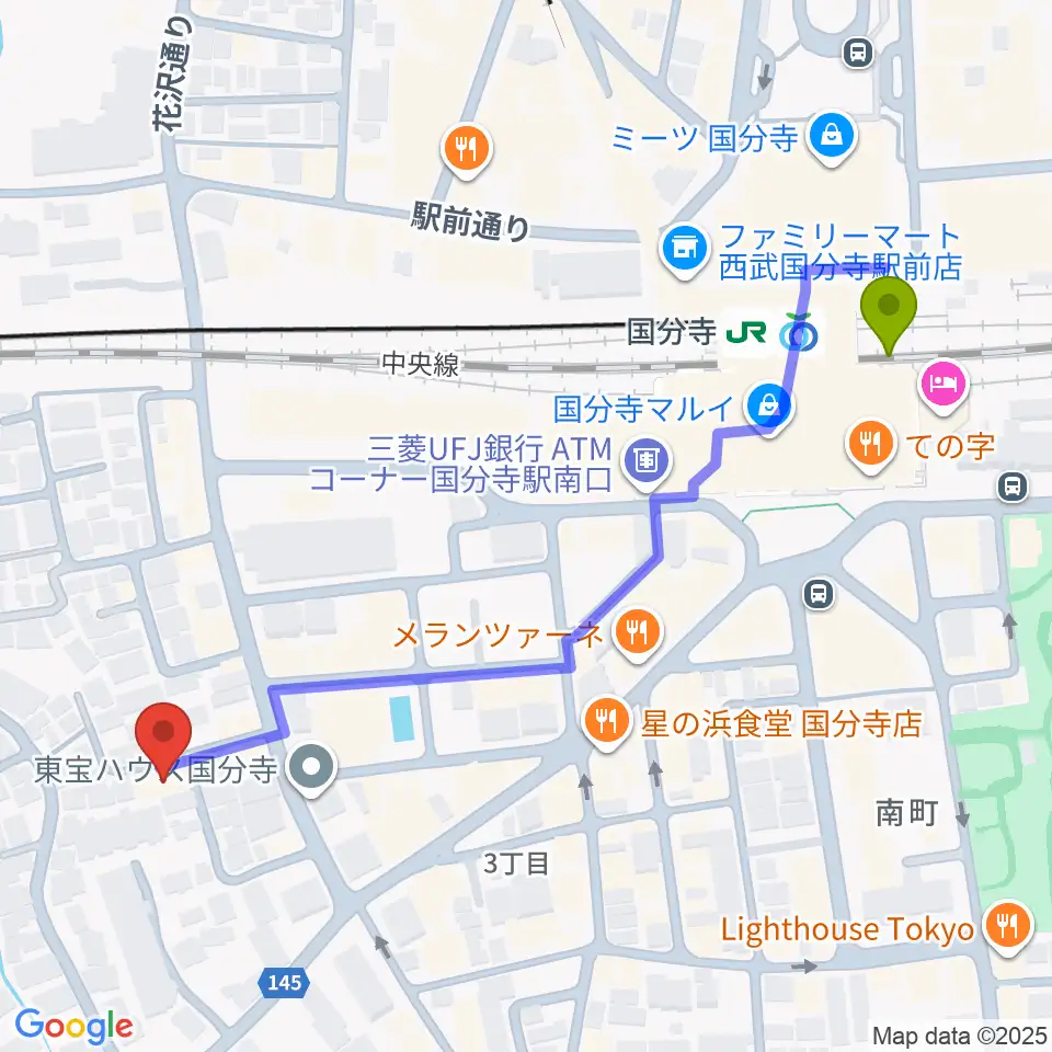 カルド音楽教室の最寄駅国分寺駅からの徒歩ルート（約6分）地図