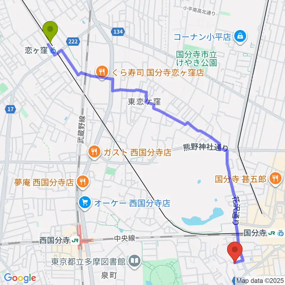 恋ヶ窪駅からカルド音楽教室へのルートマップ地図