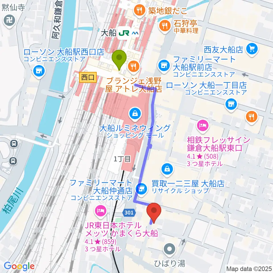 ソニアボーカル教室の最寄駅大船駅からの徒歩ルート（約4分）地図