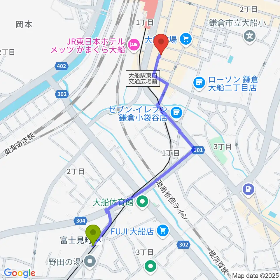 富士見町駅からソニアボーカル教室へのルートマップ地図