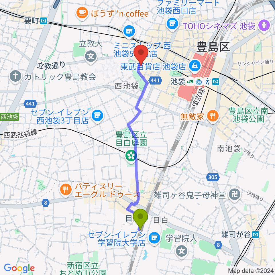 目白駅から音楽教室ふわり池袋校へのルートマップ地図