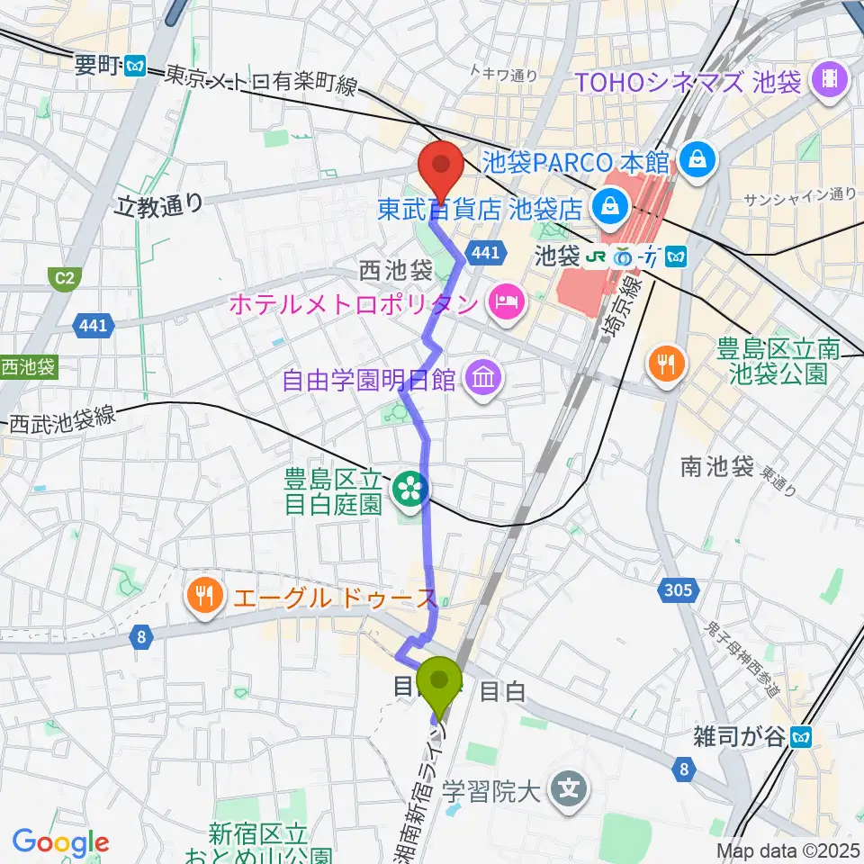 目白駅から音楽教室ふわり池袋校へのルートマップ地図