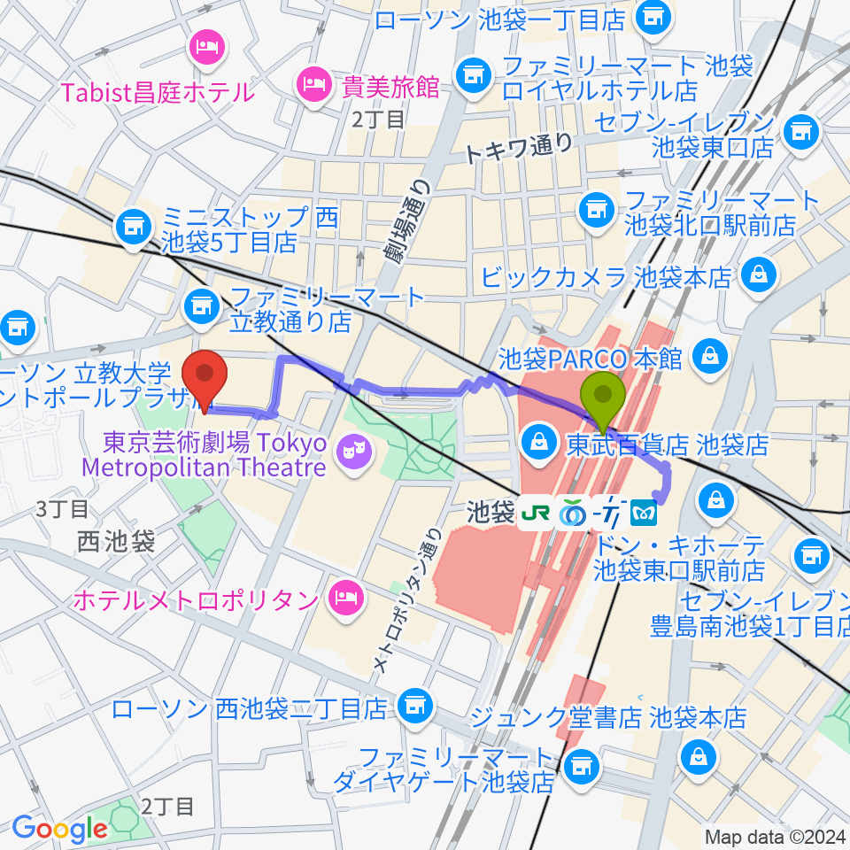 音楽教室ふわり池袋校の最寄駅池袋駅からの徒歩ルート（約7分）地図