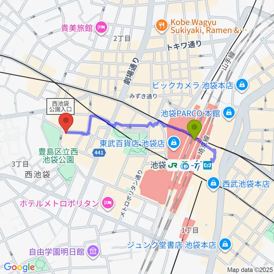 音楽教室ふわり池袋校の最寄駅池袋駅からの徒歩ルート（約7分）地図