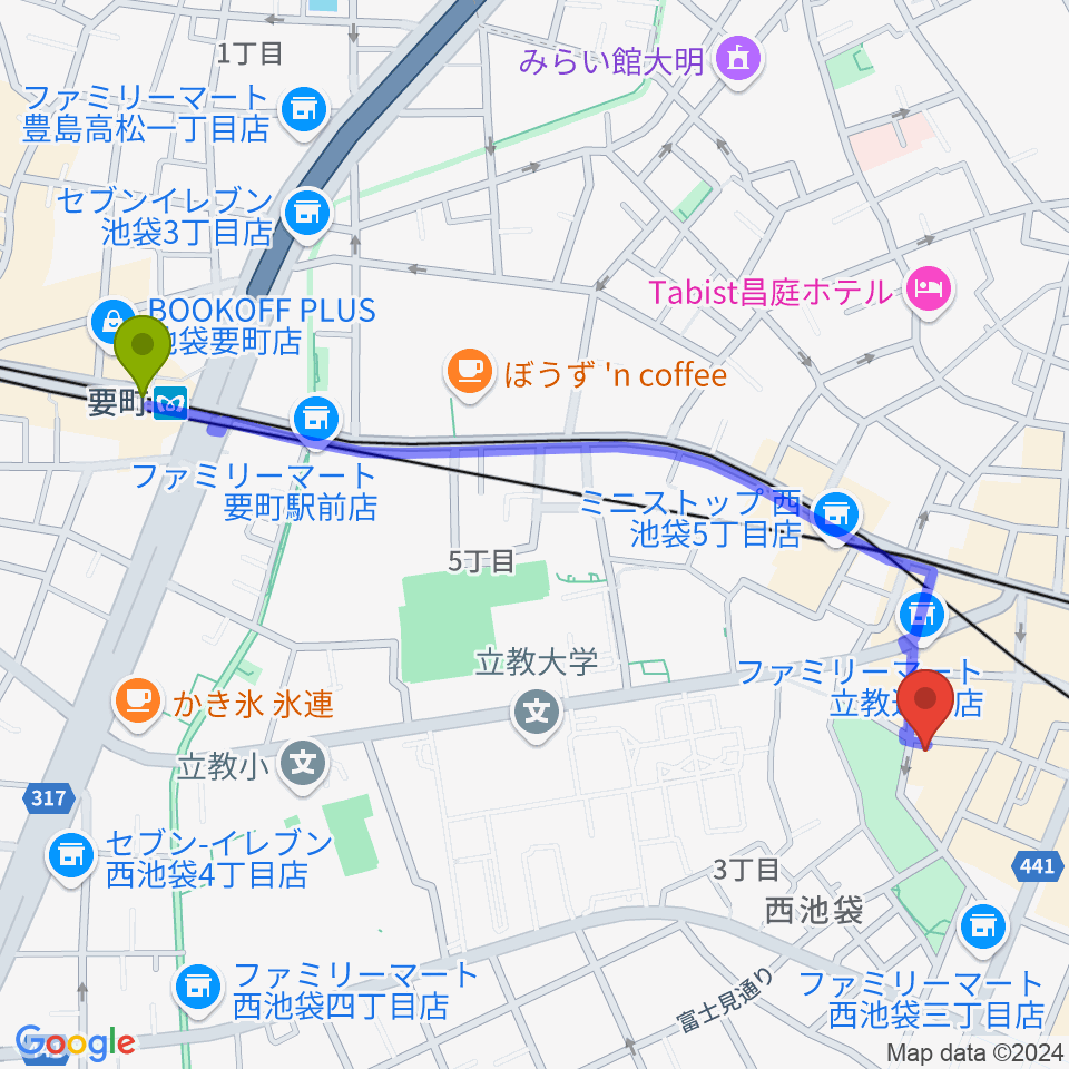 要町駅から音楽教室ふわり池袋校へのルートマップ地図