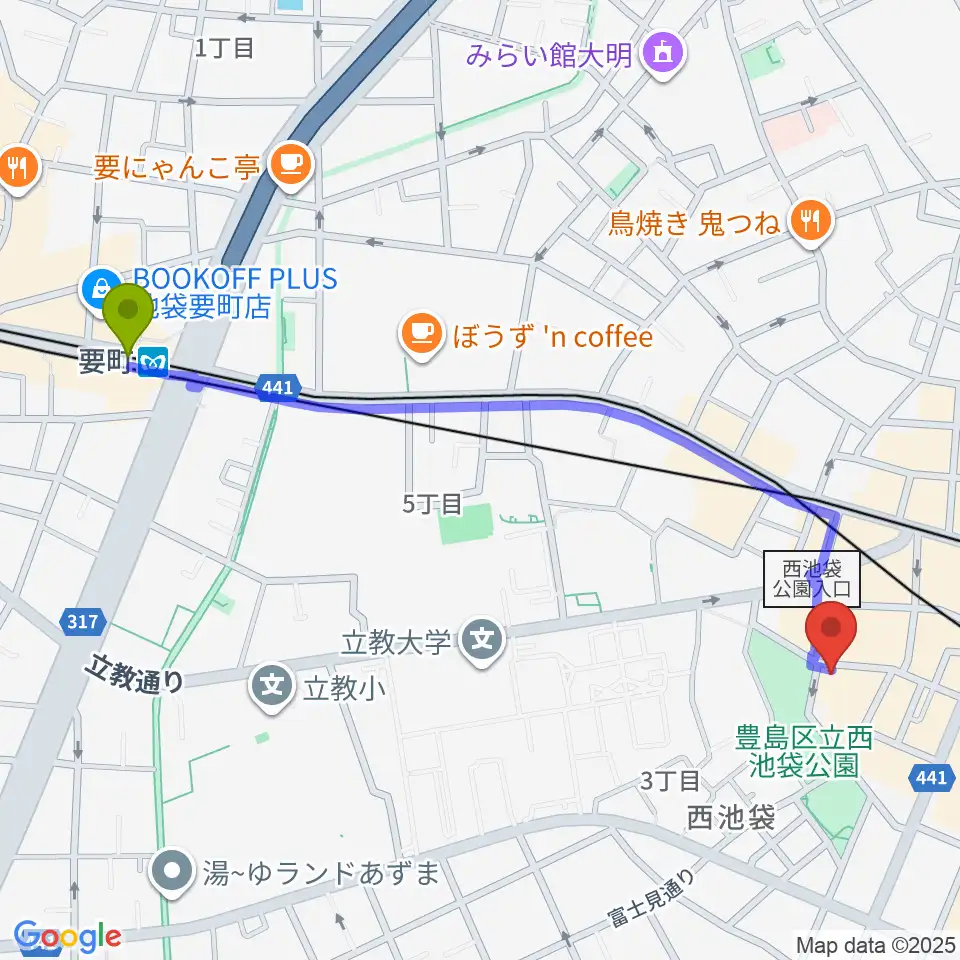 要町駅から音楽教室ふわり池袋校へのルートマップ地図