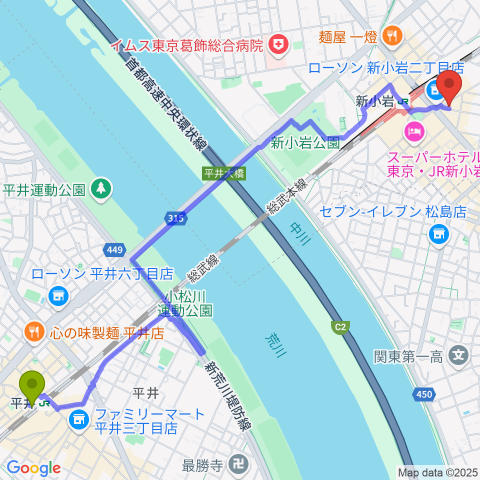 平井駅からUSボーカル教室新小岩駅前校へのルートマップ地図