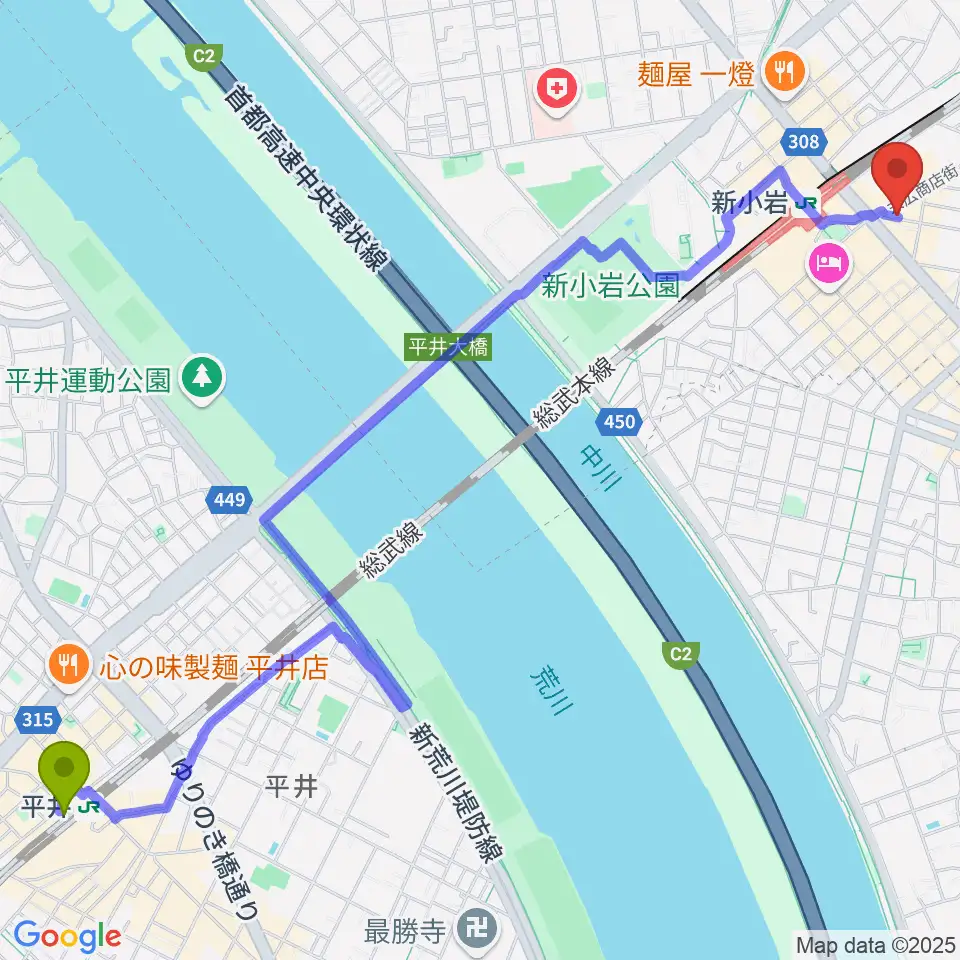 平井駅からUSボーカル教室新小岩駅前校へのルートマップ地図