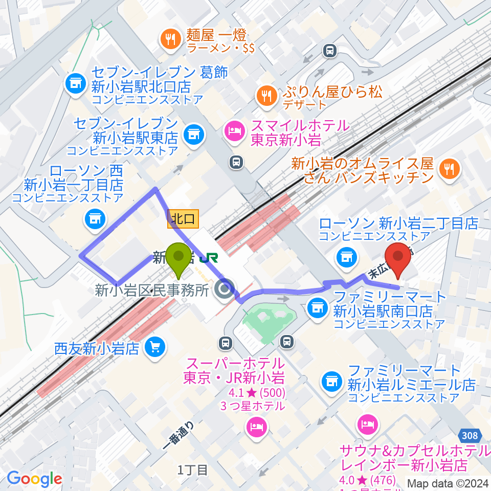 USボーカル教室新小岩駅前校の最寄駅新小岩駅からの徒歩ルート（約3分）地図